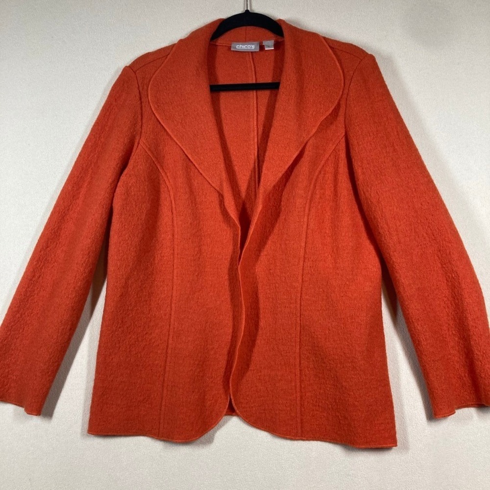 Chico's‎ Wool Open Front Shacket Sz M/8 Orange Lightweight Fall Colorful Texture